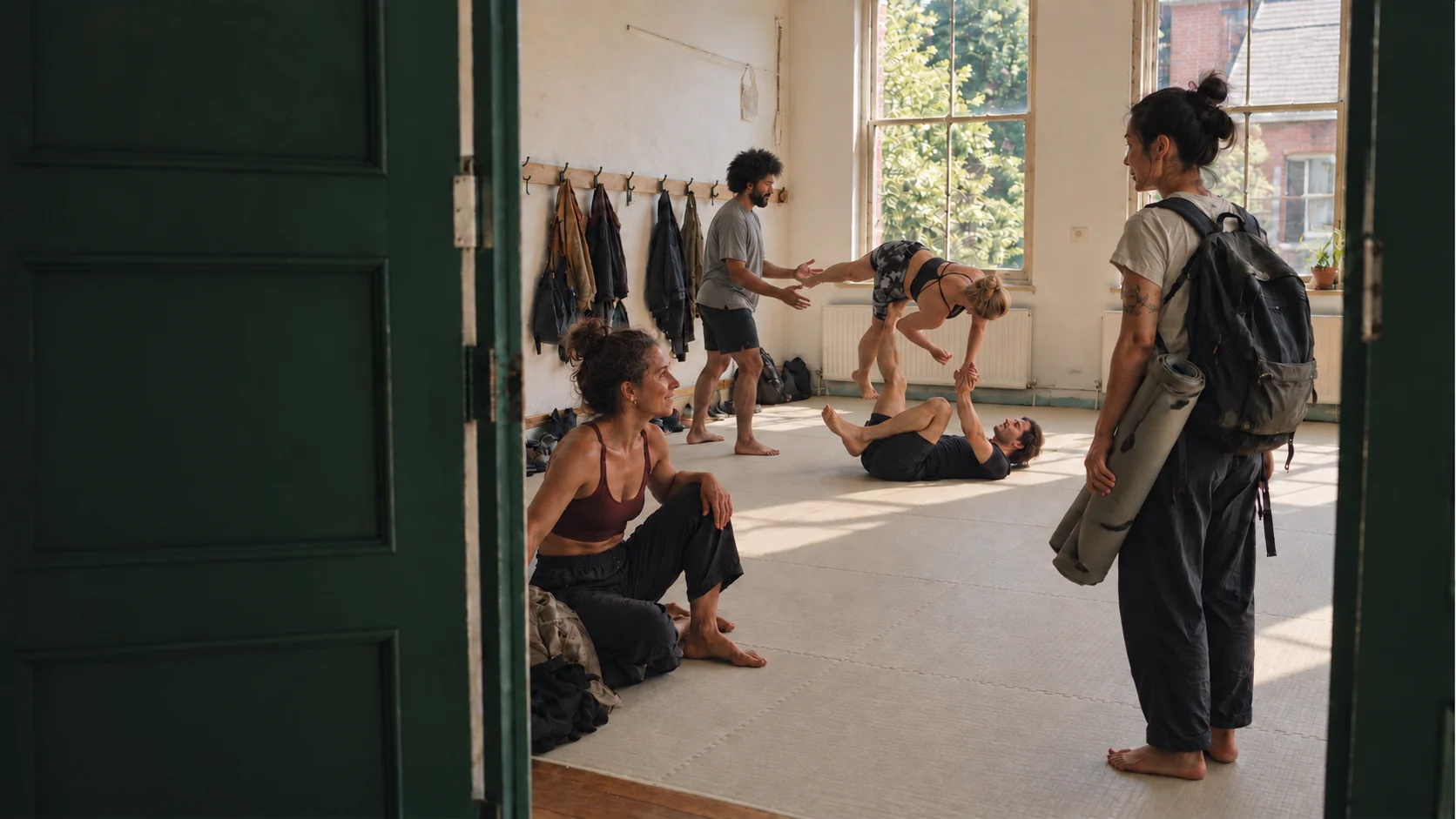 An arriving practitioner is welcomed into a neighbourhood practice hall.