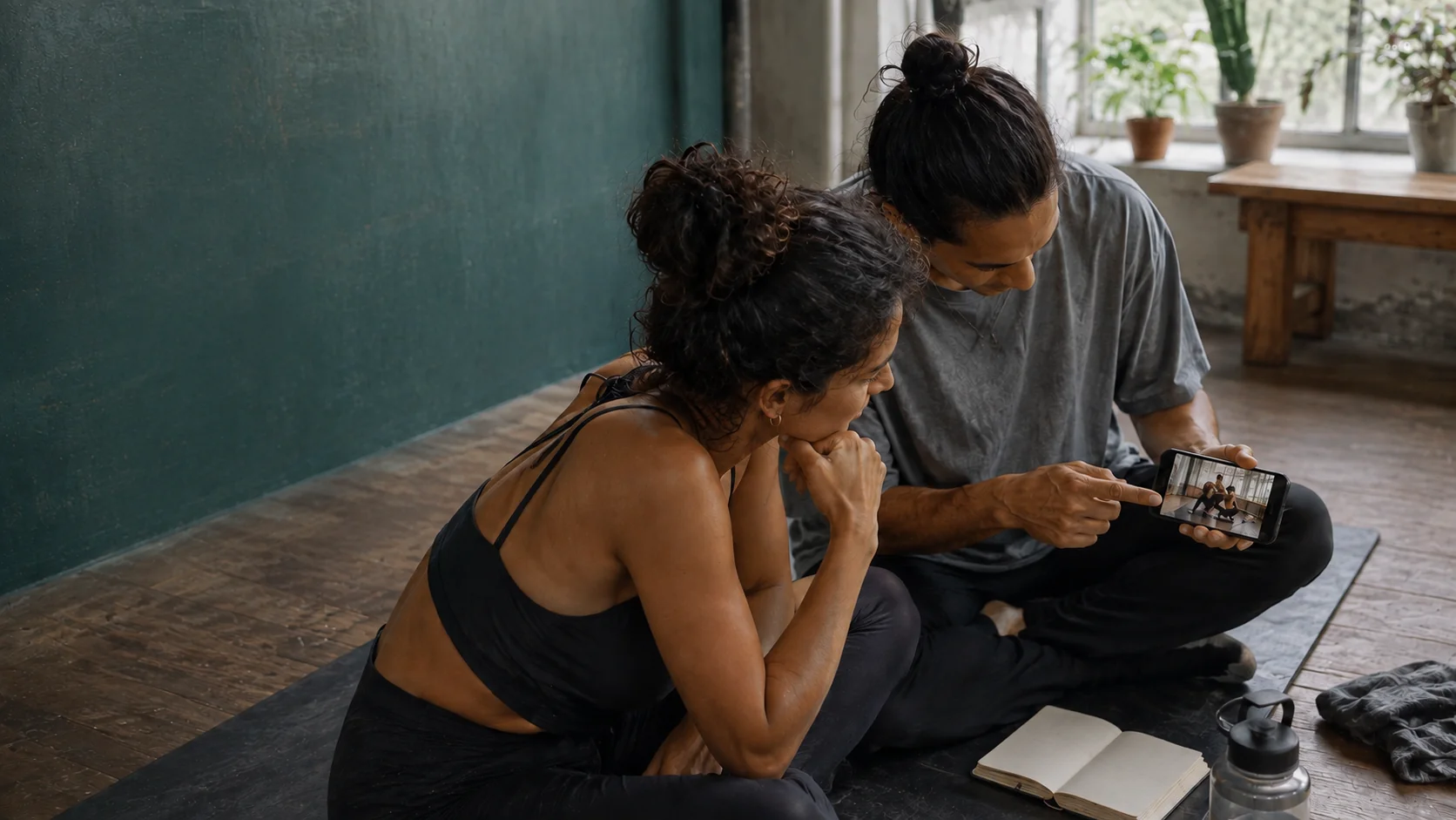 Two practitioners review a movement on a phone together.